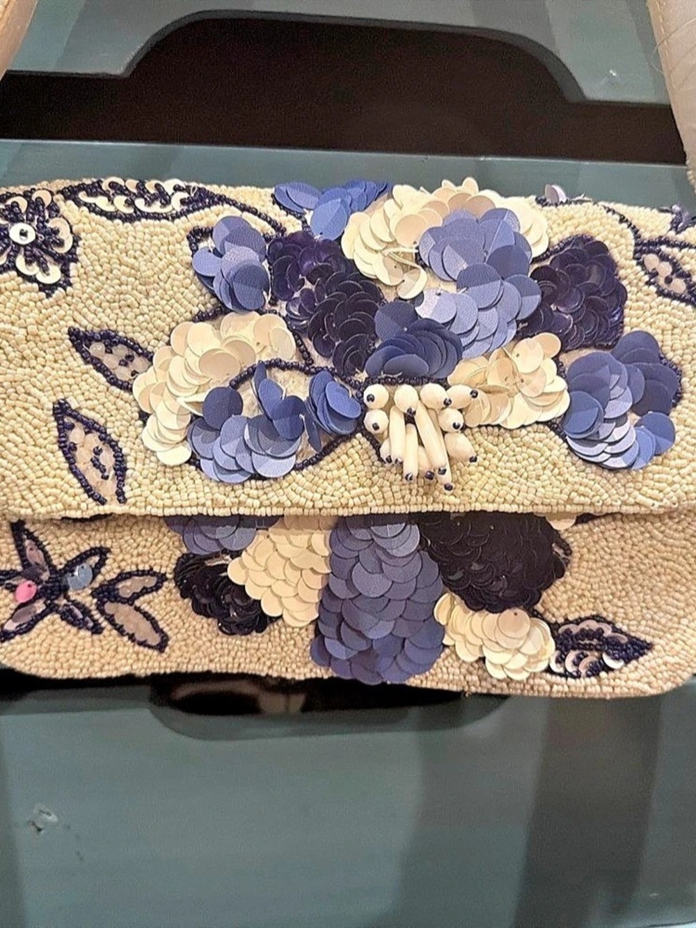 Beaded Multi Flower Cluster Shoulder Bag in Cream & Blue